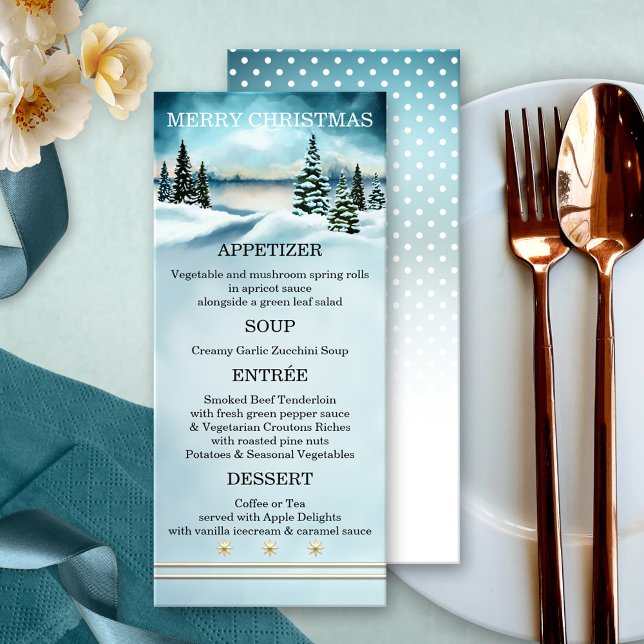 Vattenfärg Vinterland julmeny Meny (Christmas menu card featuring a watercolor winter wonderland scene with snow capped pine trees)
