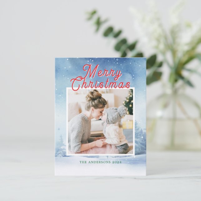 Vattenfärg vinterlandskap med ett foto julkort (Stående Fram)