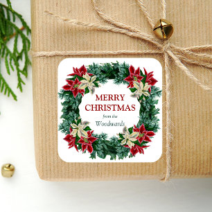 Vattenfärg Vinterns Blommiga Krans God Jul Fyrkantigt Klistermärke