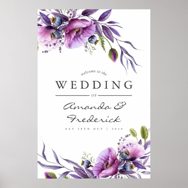 Vattenfärg Violet Poppy Blommig Bröllop Välkommen Poster (Framsidan)