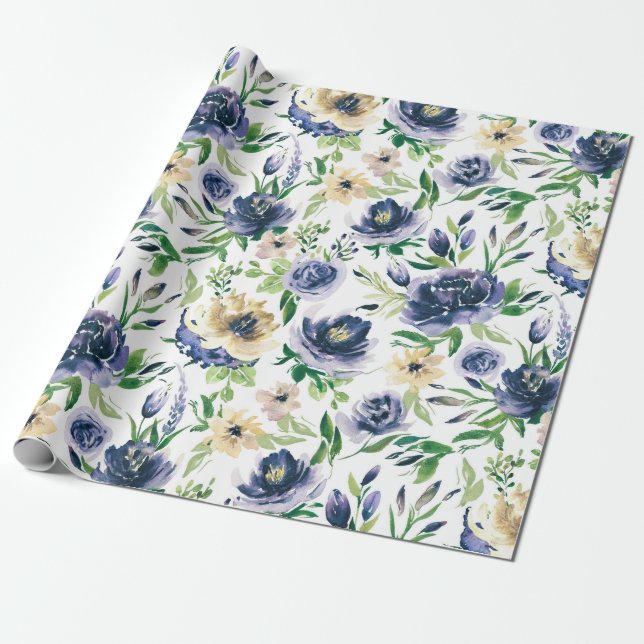 Vattenfärg violetblommig mönster presentpapper (Utrullad)