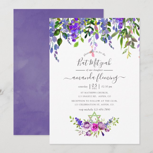 Vattenfärg Violett Blommig Bat Mitzvah Inbjudningar (Fram/baksida)