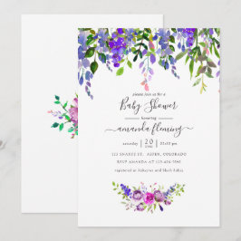 Vattenfärg Violett Blommig Bebisdopp Inbjudan