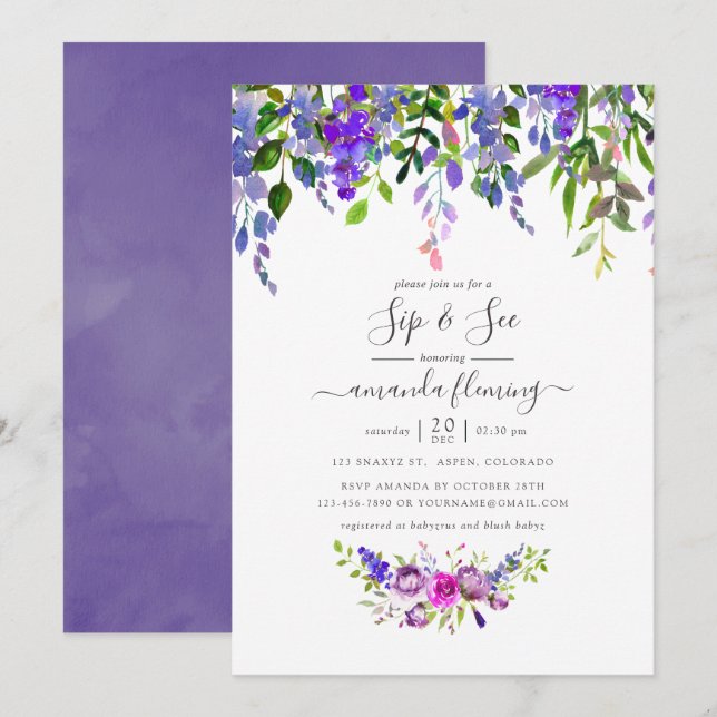 Vattenfärg Violett Blommig Drick och Se Inbjudningar (Fram/baksida)
