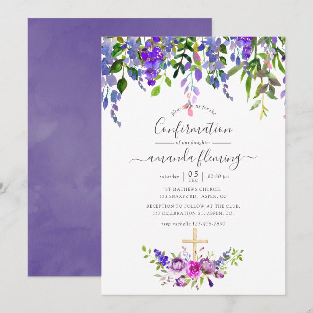 Vattenfärg Violett Blommig Konfirmation Inbjudningar (Fram/baksida)