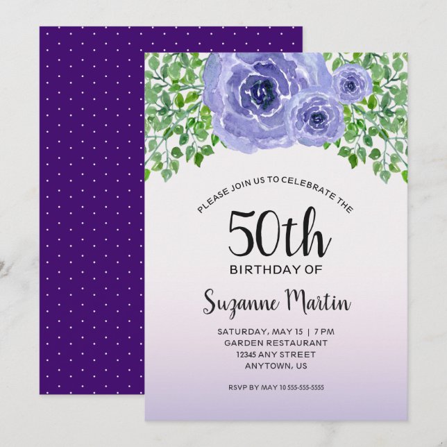 Vattenfärg Violetta Blommor | 50-års Födelsedagsfe Inbjudningar (Fram/baksida)