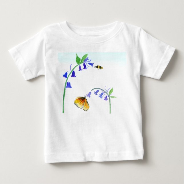 Vattenfärg Virginia Bluebells Med Fjäril T Shirt (Framsida)