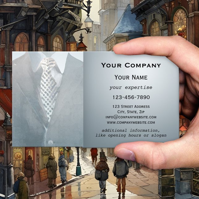 Vattenfärg Visitenkort för Herr Blågrå Kostym Visitkort (Business card featuring a watercolor painting of a blue grey suit - men's fashion retail store)