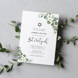 Vattenfärg Vit Blommig Eukalyptus Bar Mitzvah Inbjudningar