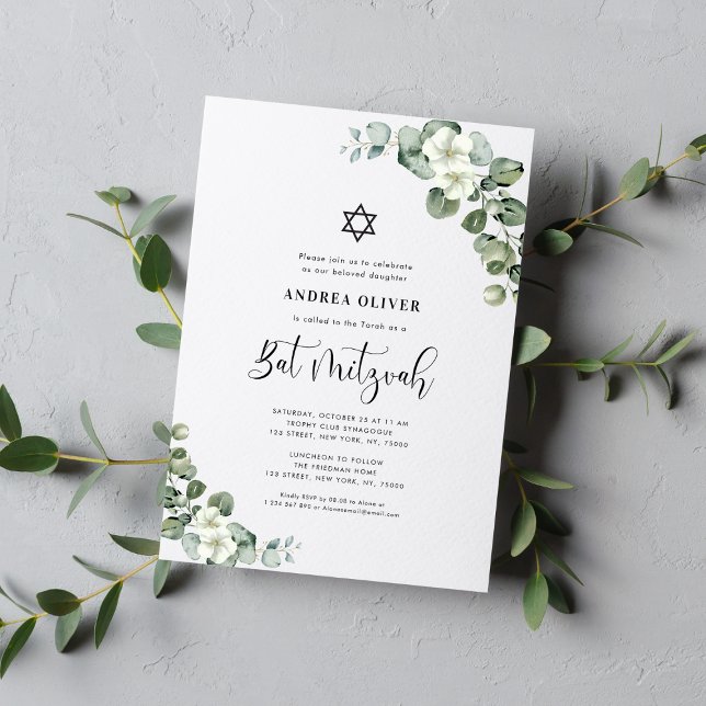 Vattenfärg Vit Blommig Eukalyptus Bar Mitzvah Inbjudningar (Skapare uppladdad)