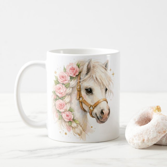 Vattenfärg Vit Häst Keramikmugg med Ros‑fläta Kaffemugg (Med munk)