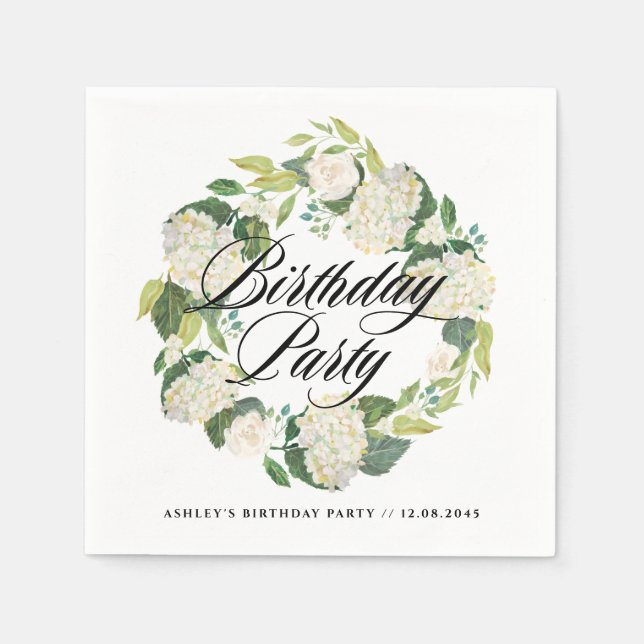 Vattenfärg Vit Hydrangea Födelsedagsfest Utandning Pappersservett (Framsidan)