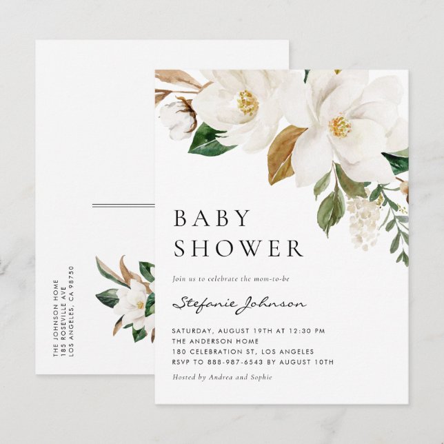 Vattenfärg Vit Magnolia Rustik Bebis Shower Inbjudan Vykort (Fram/baksida)