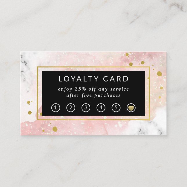  vattenfärg| Vit marmor och Faux Guld Lojalitetskort (Framsida)