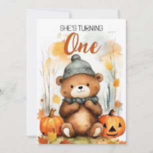 Vattenfärg Vit och Brun Lycklig Bear 1:a födelseda Inbjudningar
