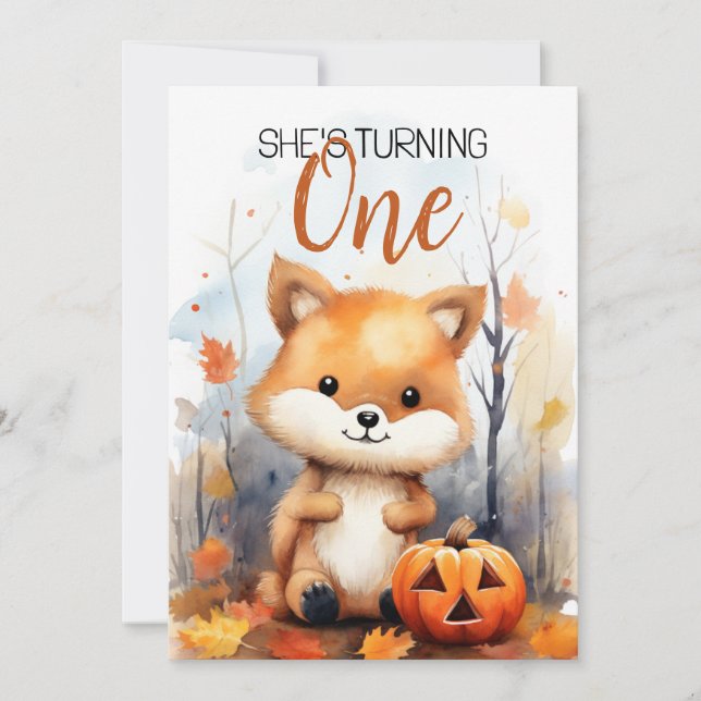Vattenfärg Vit och Brun Lycklig Fox 1:a födelsedag Inbjudningar (Framsida)