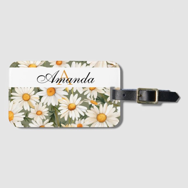 Vattenfärg Vit och Grönt Daisy Mönster Monogram Bagagebricka (Framsida horisontal)