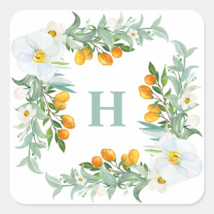 Vattenfärg Vit Orkidéer och Kumquat Monogram Fyrkantigt Klistermärke
