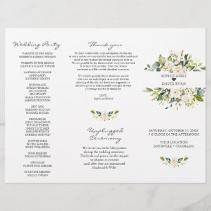 Vattenfärg Vita Blommor Tri+Fold Bröllopsprogram