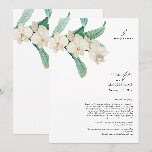 Vattenfärg Vita Orkidéer Blommig Bröllopsprogram Program (Fram/baksida)