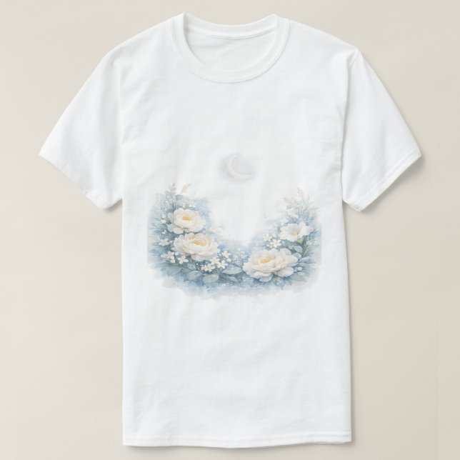 Vattenfärg Vita Peonies Halvmåne Celestial  T Shirt (Design framsida)