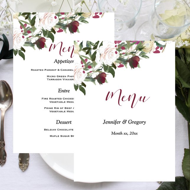 Vattenfärg vita rosor med tranbärsbröllop meny (Watercolor White Roses with Cranberry Wedding Menu)