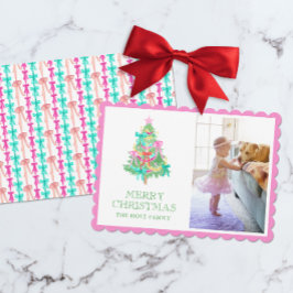 Vattenfärg Vivid Rosa Bow Coquette-julfoto Julkort