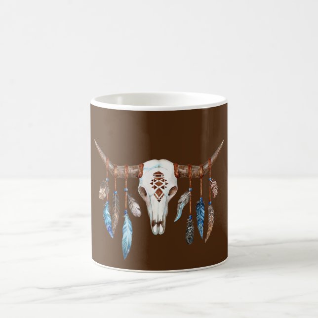 Vattenfärg Western Skull med fjädrar Kaffemugg (Center)