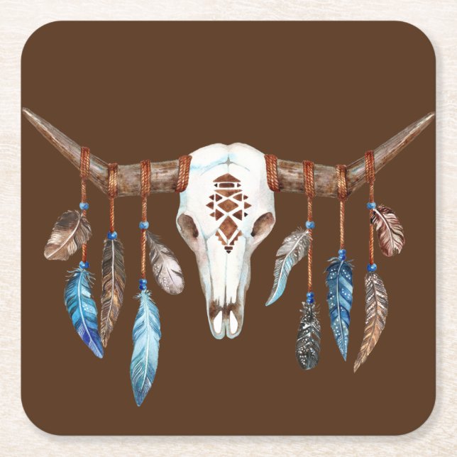 Vattenfärg Western Skull med fjädrar Underlägg Papper Kvadrat (Framsidan)
