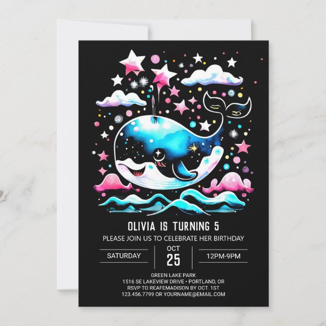 Vattenfärg Whale Rosa Editable Birthday Inbjudningar (Framsida)