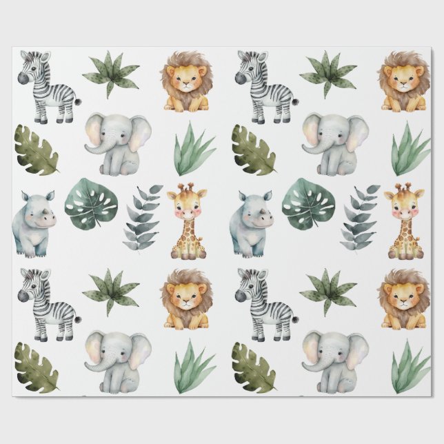 Vattenfärg Whimsical Adsible Baby Safari Animals Presentpapper (Platt)