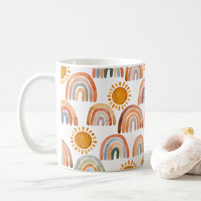 Vattenfärg Whimsical Boho Rainbow och Sol Kids  Kaffemugg (Med munk)
