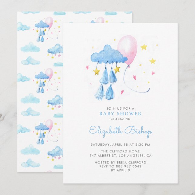 Vattenfärg Whimsical Himlar Cute Baby Shower Inbjudningar (Fram/baksida)