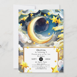 Vattenfärg Whimsical Måne Birthday Inbjudningar