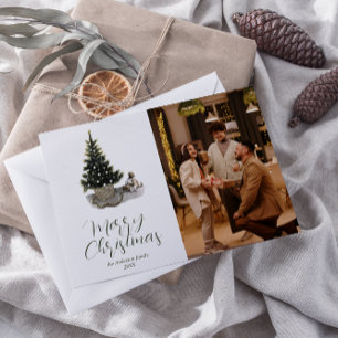 Vattenfärg Whimsical Photo Träd God jul Julkort