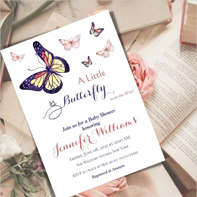 Vattenfärg Whimsisk babystövel för Lila Butterfly Inbjudningar (Skapare uppladdad)