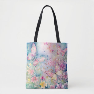 Vattenfärg Whimsisk Butterflies och Flowers Tote Tygkasse
