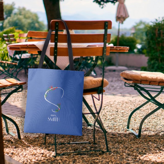 Vattenfärg wildblommor monogram vit röd blått tygkasse (Skapare uppladdad)