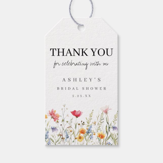 Vattenfärg Wildflower Bröllopsfest Presentetikett (Framsidan)