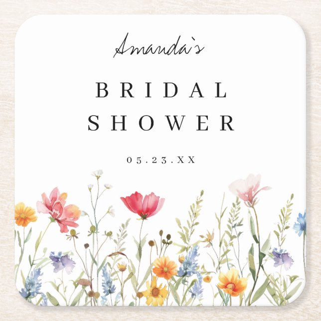 Vattenfärg Wildflower Bröllopsfest Underlägg Papper Kvadrat (Framsidan)