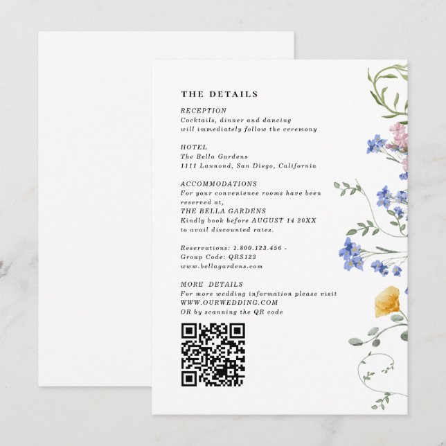 Vattenfärg Wildflower detaljer & QR-kod Bröllop  Tilläggskort (Fram/baksida)