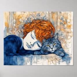 Vattenfärg Woman Sleeping med katt Poster
