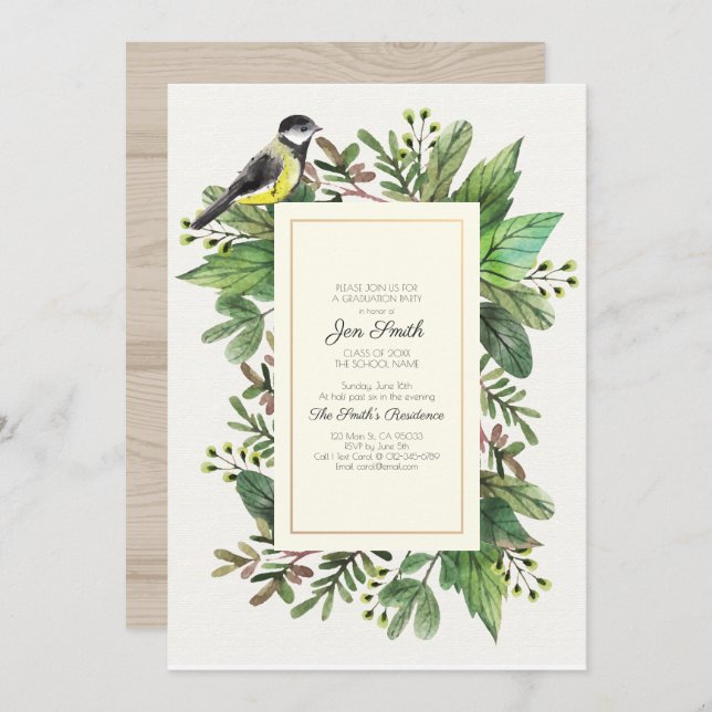 Vattenfärg. Woodsy. Inbjudan till Studentfest. (Fram/baksida)