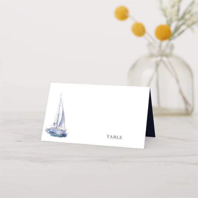 Vattenfärg Yacht Nautical Theme Navy Blue Bröllop Placeringskort (Framsida)