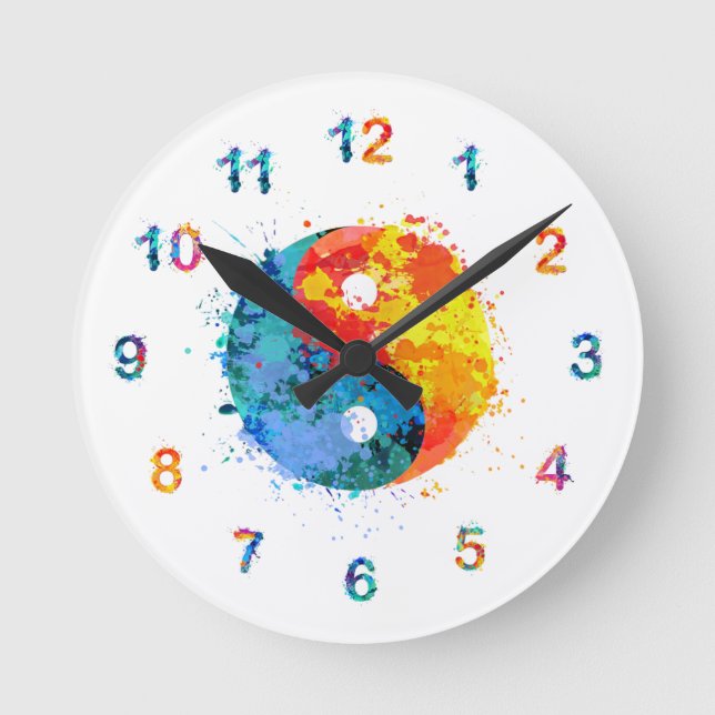 Vattenfärg Yin och Yang Wall Clock Clock Clock Rund Klocka (Framsida)