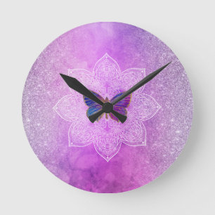 *~* Vattenfärg Yoga Butterfly Mandala Glitter Rund Klocka