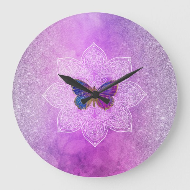 *~* Vattenfärg Yoga Glitter Butterfly Mandala Stor Klocka (Framsida)