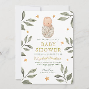 Vattenfärga Baby Stars Greenery Baby Shower Inbjudningar