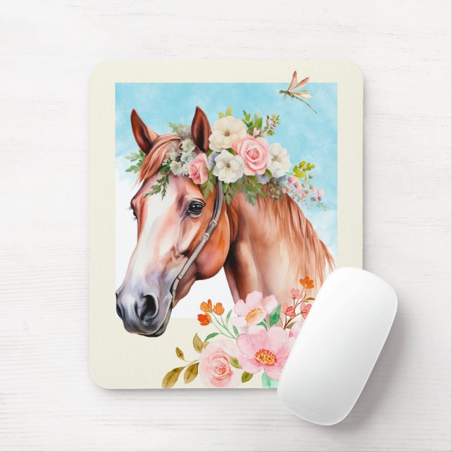 Vattenfärga hästar och blommor Art Musmatta (Med mus)