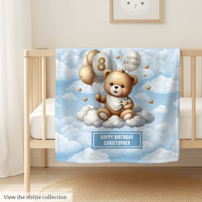 Vattenfärgad 8-årsfilt med nalle fleecefilt (Watercolor 8th birthday blanket with teddy bear)